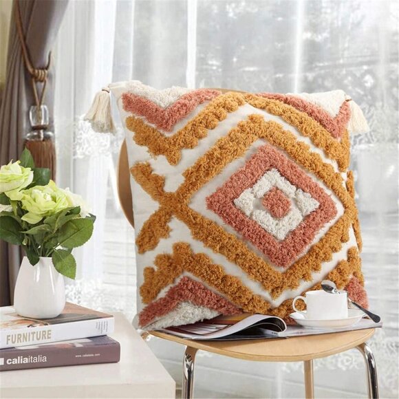 Pink/Orange Tassel Throw Pillow Covers 18x18, 12x20 Woven Tufted Living Room/Bed - Picture 4 of 16